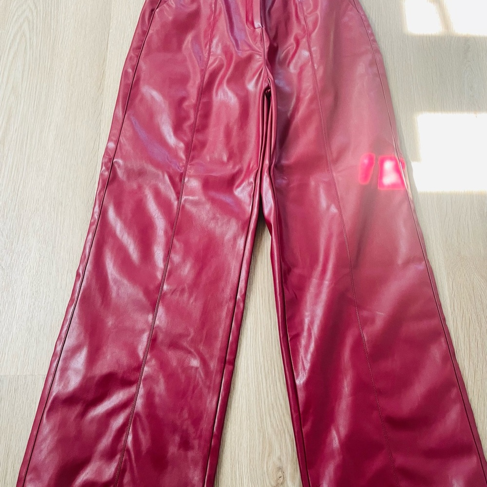 Zara Women's Red Faux Leather Straight Leg Pants